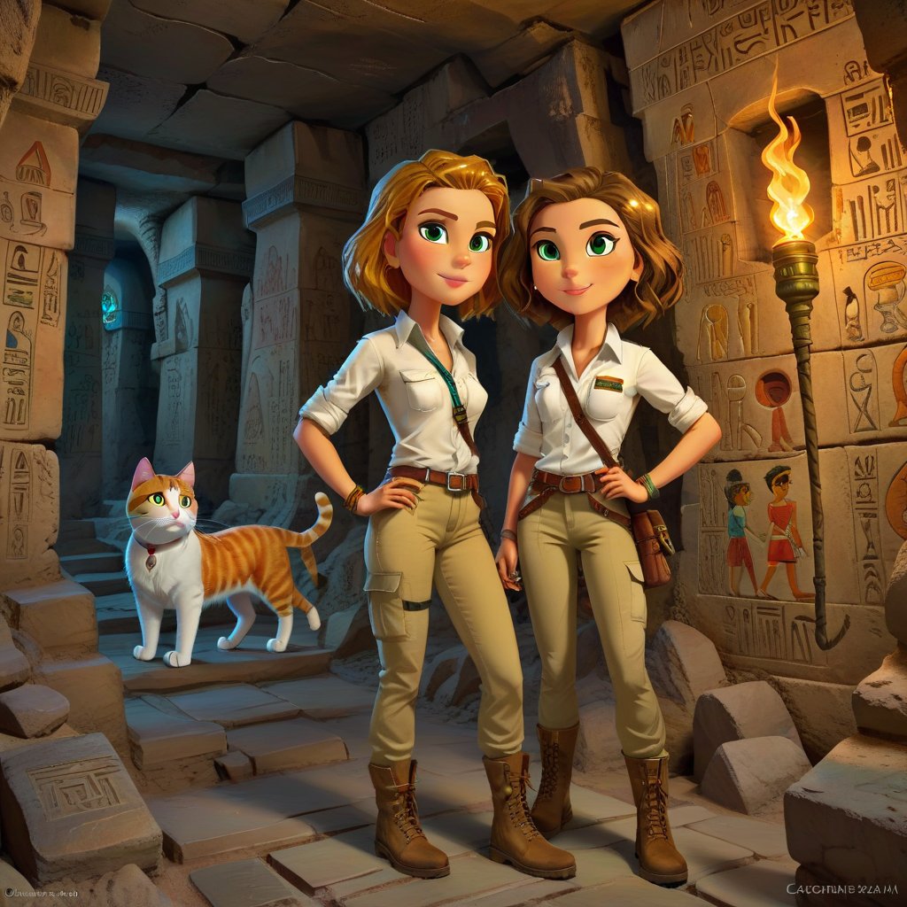 one tall skiny explorer woman in cargo pants khaki boots and white shirt, bob hair, lovely eyes,  exploring the Pharao's catacomb with a torch with a cat!  anchient Egyptian colorful detailed paintings, runes on the wall, one cute cat with the explorer.