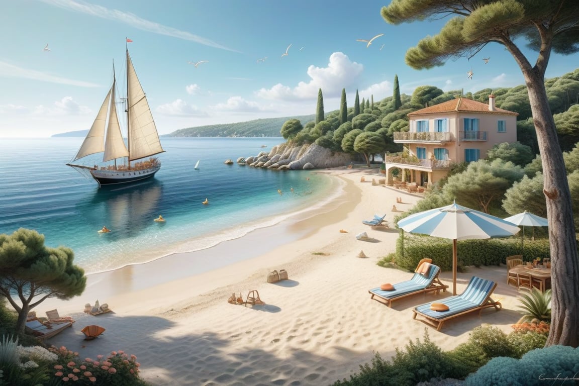 A serene NIzza beach scene unfolds before us. Little apartman house with terrace. Soft white sand stretches beneath the gentle sway of trees, while a family plays and laughs together and sunbathe. In the distance, a majestic sailing ship glides across the calm sea, its sails billowing in the breeze. Blankets scatter the shore, topped with tiny treasures: delicate sea-shells and starfish. The highly detailed landscape, reminiscent of Jean-Jacques Sempé's whimsical illustrations from Petit Nicolas, comes to life in PASTEL SHADES.