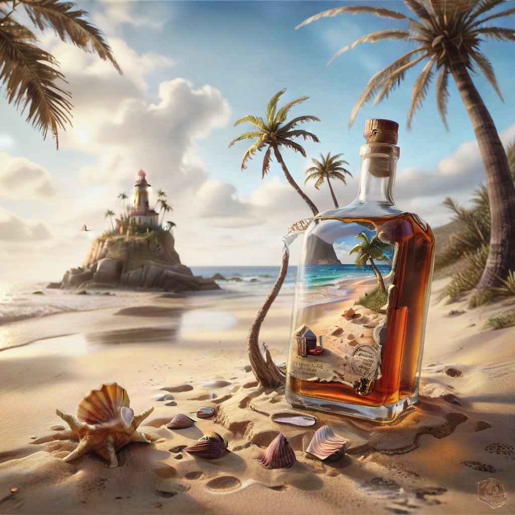 ((ultra ARTISTIC sketch)), (artistic sketch art), Make a 3d DETAILED old torn edge paper on the sand, a detailed Sketch on the paper about a photorealistic picture of an empty bottle of an expensive Whiskey buried in the sands of an island, a lone palm tree, seashell near the bottle, wavy sea background, best realistic, best details, best quality, 16k, [ultra detailed], masterpiece, best quality, (extremely detailed), ultra wide shot, photorealism, depth of field, hyper realistic painting, 3d rendering mysterious, Breathtaking VieW, Jean-Baptiste Monge, Kukharskiy Igor, Thomas wells schaller style, magical scenery, Nazar Noschenko Modifiers: dof trending on cgsociety fantastic view ultra detailed 4K 3D whimsical Storybook beautifully lit etheral Quirky Exquisite highly intricate stunning color depth outstanding cute illustration cuteaesthetic Boris Vallejo style shadow play The mood is Mysterious and Spellbinding, with a sense of otherworldliness, macro photography style LEONARDO DIFFUSION XL STYLE