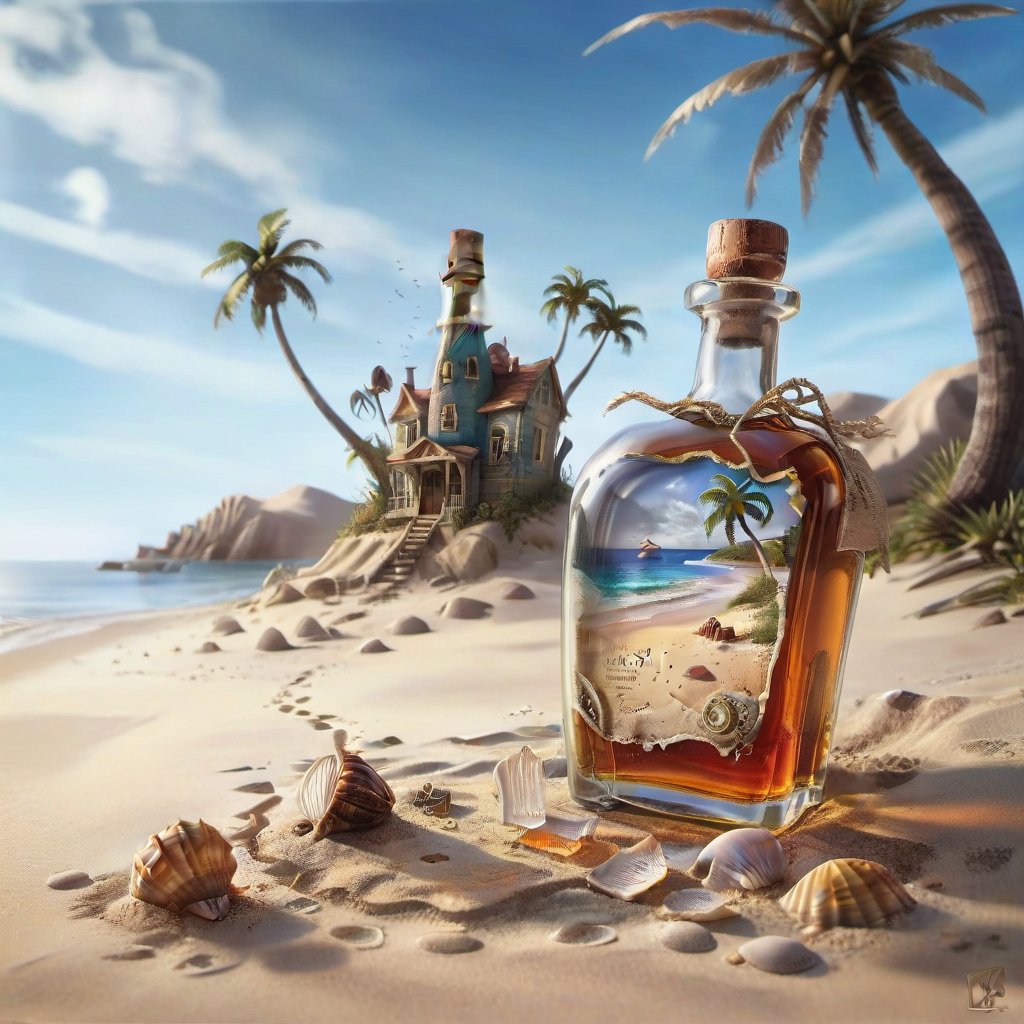 ((ultra ARTISTIC sketch)), (artistic sketch art), Make a 3d DETAILED old torn edge paper on the sand, a detailed Sketch on the paper about a photorealistic picture of an empty bottle of an expensive Whiskey buried in the sands of an island, a lone palm tree, seashell near the bottle, wavy sea background, best realistic, best details, best quality, 16k, [ultra detailed], masterpiece, best quality, (extremely detailed), ultra wide shot, photorealism, depth of field, hyper realistic painting, 3d rendering mysterious, Breathtaking VieW, Jean-Baptiste Monge, Kukharskiy Igor, Thomas wells schaller style, magical scenery, Nazar Noschenko Modifiers: dof trending on cgsociety fantastic view ultra detailed 4K 3D whimsical Storybook beautifully lit etheral Quirky Exquisite highly intricate stunning color depth outstanding cute illustration cuteaesthetic Boris Vallejo style shadow play The mood is Mysterious and Spellbinding, with a sense of otherworldliness, macro photography style LEONARDO DIFFUSION XL STYLE