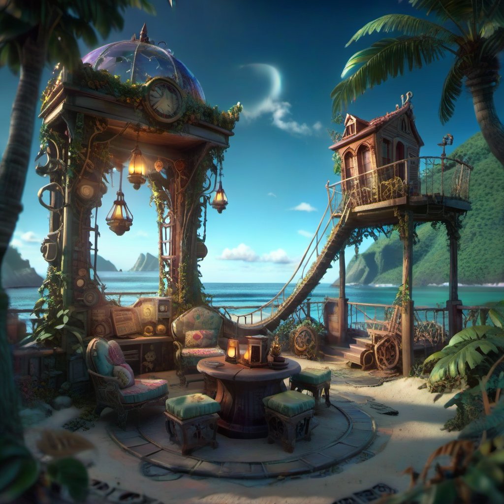MAGICAL cute STORYBOOK tropical bay , shabby STYLE lovely terrace on the beach, view on the tropical bay , summer  Modifiers: highly detailed dof trending on cgsociety steampunk fantastic view ultra detailed 4K 3D whimsical Storybook beautifully lit etheral highly intricate stunning color depth disorderly outstanding cute illustration cuteaesthetic Boris Vallejo style shadow play The mood is Mysterious and Spellbinding, with a sense of otherworldliness  otherwordliness macro photography style LEONARDO DIFFUSION XL STYLE vintage-futuristic