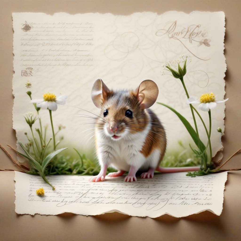 ((ultra realistic photo)), artistic sketch art, Make a little WHITE LINE pencil sketch of a cute LITTLE MOUSE on an old TORN EDGE paper , art, textures, pure perfection, high definition, LITTLE FRUITS around, TINY DELICATE FLOWERS, GRASS FIBERS on the paper, little calligraphy text