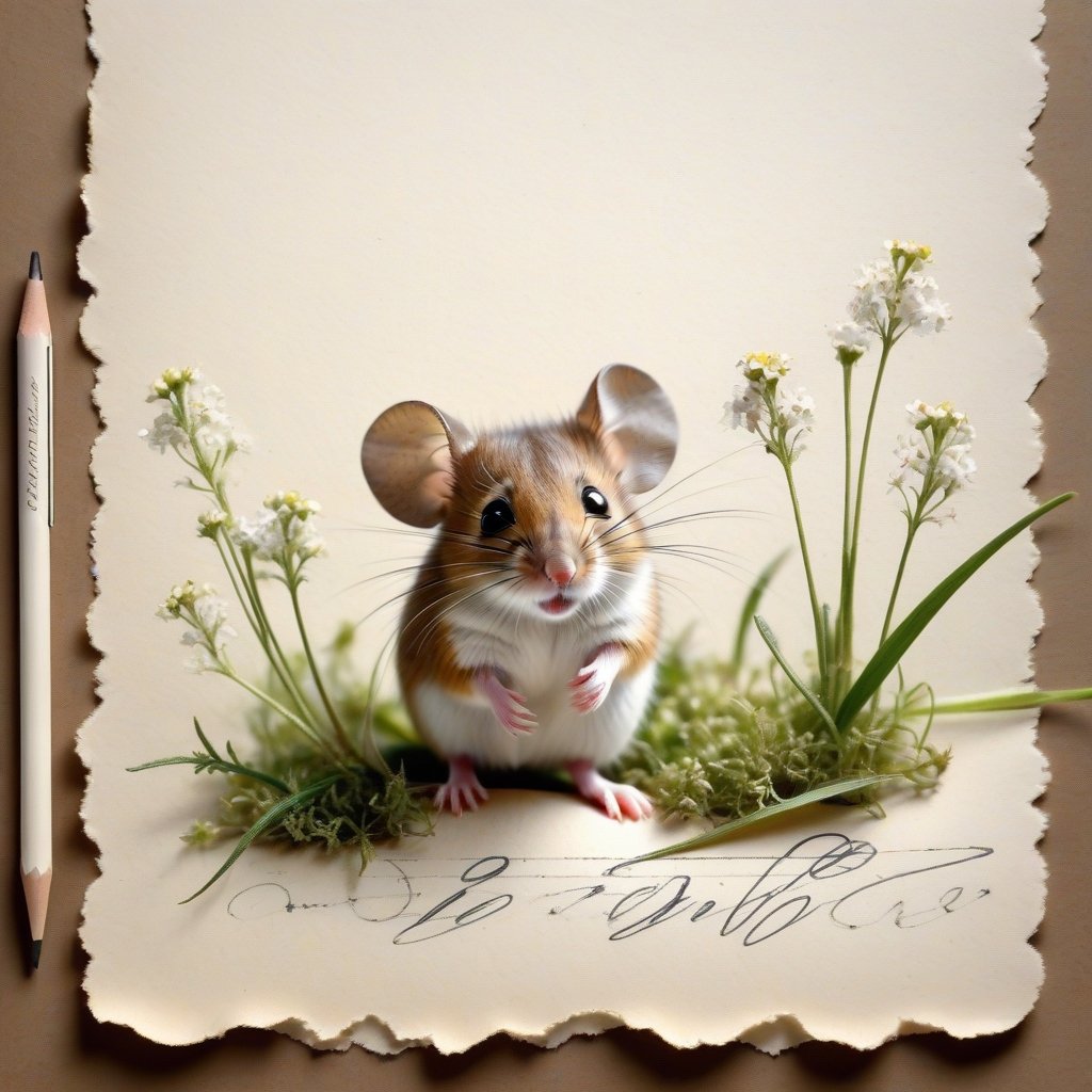 ((ultra realistic photo)), artistic sketch art, Make a little WHITE LINE pencil sketch of a cute LITTLE MOUSE on an old TORN EDGE paper , art, textures, pure perfection, high definition, LITTLE FRUITS around, TINY DELICATE FLOWERS, GRASS FIBERS on the paper, little calligraphy text