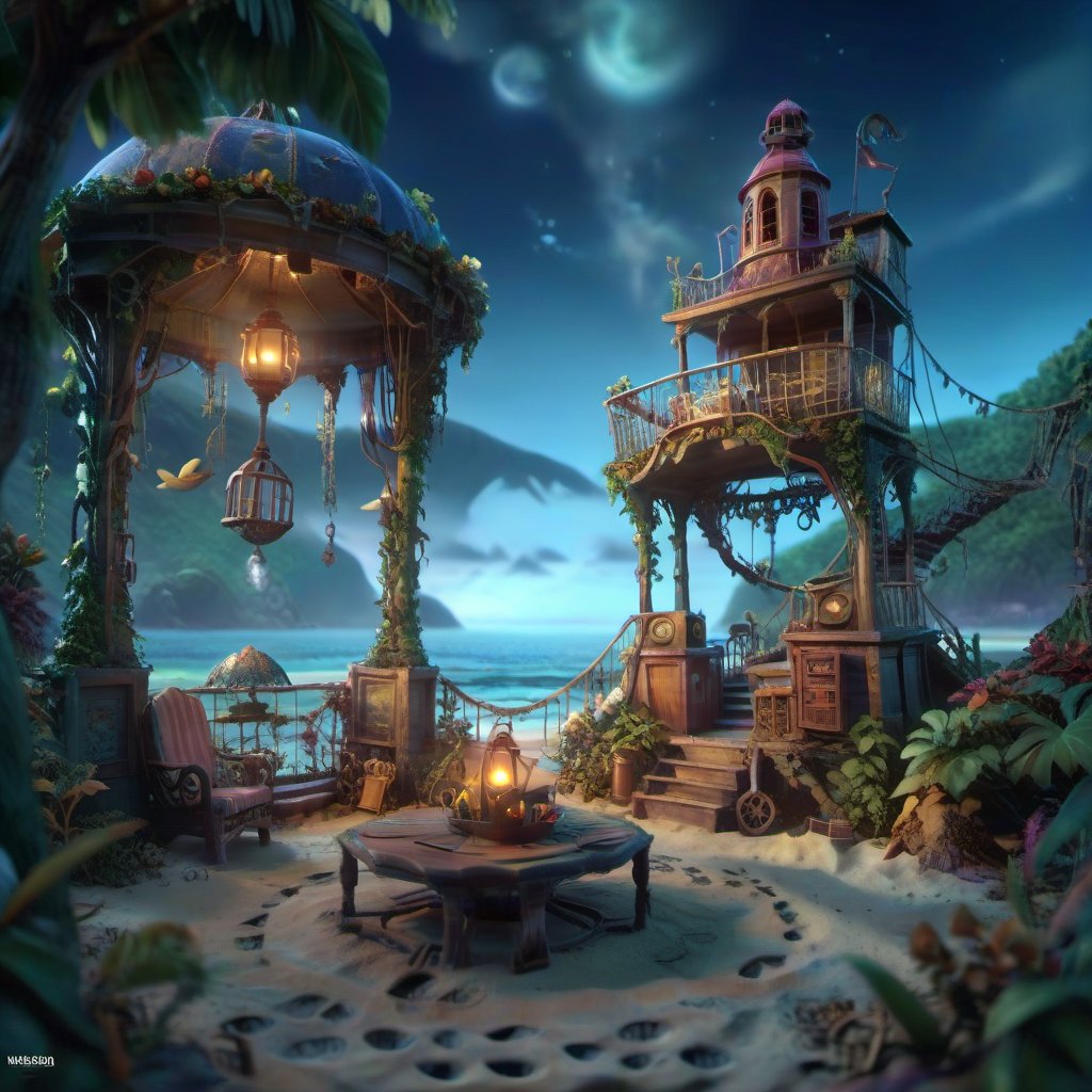 MAGICAL cute STORYBOOK tropical bay , shabby STYLE lovely terrace on the beach, view on the tropical bay , summer  Modifiers: highly detailed dof trending on cgsociety steampunk fantastic view ultra detailed 4K 3D whimsical Storybook beautifully lit etheral highly intricate stunning color depth disorderly outstanding cute illustration cuteaesthetic Boris Vallejo style shadow play The mood is Mysterious and Spellbinding, with a sense of otherworldliness  otherwordliness macro photography style LEONARDO DIFFUSION XL STYLE vintage-futuristic