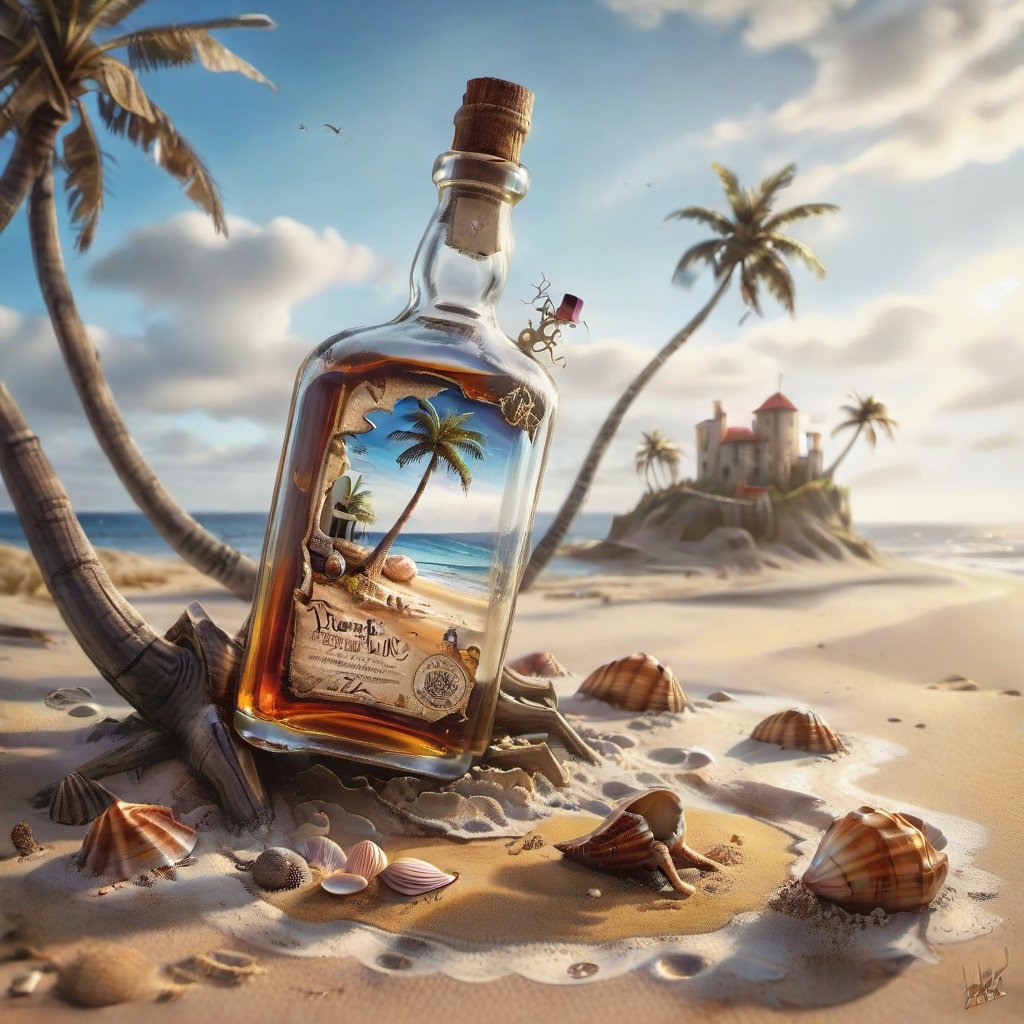 ((ultra ARTISTIC sketch)), (artistic sketch art), Make a 3d DETAILED old torn edge paper on the sand, a detailed Sketch on the paper about a photorealistic picture of an empty bottle of an expensive Whiskey buried in the sands of an island, a lone palm tree, seashell near the bottle, wavy sea background, best realistic, best details, best quality, 16k, [ultra detailed], masterpiece, best quality, (extremely detailed), ultra wide shot, photorealism, depth of field, hyper realistic painting, 3d rendering mysterious, Breathtaking VieW, Jean-Baptiste Monge, Kukharskiy Igor, Thomas wells schaller style, magical scenery, Nazar Noschenko Modifiers: dof trending on cgsociety fantastic view ultra detailed 4K 3D whimsical Storybook beautifully lit etheral Quirky Exquisite highly intricate stunning color depth outstanding cute illustration cuteaesthetic Boris Vallejo style shadow play The mood is Mysterious and Spellbinding, with a sense of otherworldliness, macro photography style LEONARDO DIFFUSION XL STYLE