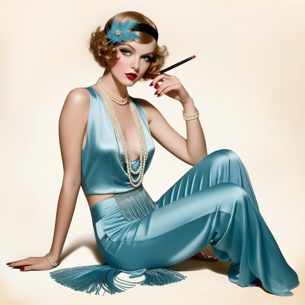 young girl with baby blue eyes, hair styled messy, full body shot, flapper satin pant, sitting, long legs, long cigarette, fume Modifiers: Henry Clive decadent illustration,