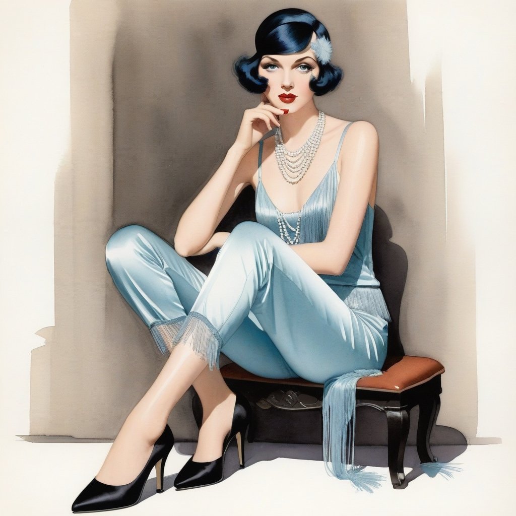 young girl with baby blue eyes, hair styled messy, full body shot, flapper satin pant, sitting, long legs, long cigarette, fume Modifiers: ,charles addams  fashion illustration,