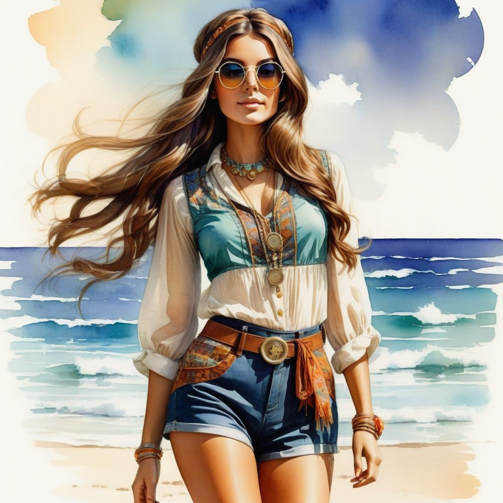 young girl , lazy long hair style, long legs, Riviera summer beach near the ocean (full body shot, '60s hippie style outfit). Modifiers:modern colorful illustration style VINTAGE fashion illustration, Coby Whitmore ART, VINTAGE 1960s hippie boho fashion illustration, whimsical style, intricately textured and detailed, Pomological Watercolor, depth of field, ultra quality ,ink art, transparent fading , shadow play, high colour contrast,watercolor,aw0k collage,KA,steampunk style,cinematic style