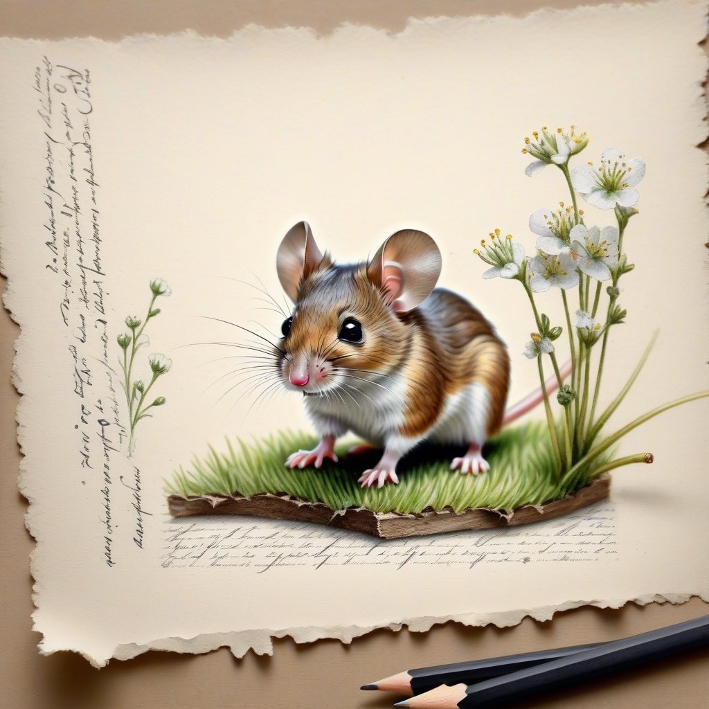 ((ultra realistic photo)), artistic sketch art, Make a little WHITE LINE pencil sketch of a cute LITTLE MOUSE on an old TORN EDGE paper , art, textures, pure perfection, high definition, LITTLE FRUITS around, TINY DELICATE FLOWERS, GRASS FIBERS on the paper, little calligraphy text