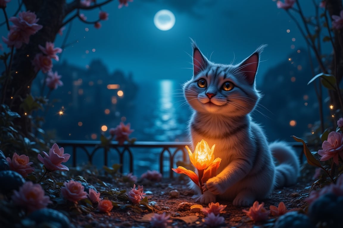 An enchanted, highly detailed balcony with a spectacular night view of the sea. The balcony’s intricate design is softly illuminated by the moonlight. A tiny, fluffy, and funny Cheshire cat sitting and smiling next to an enchanted flower that SHINES faintly. The air is filled with dust particles that twinkle in the light, creating a magical ambiance. The cat’s fur is exquisitely detailed, and its playful nature is evident as it seems captivated by the flower. The overall scene is whimsical, serene, and full of enchantment.