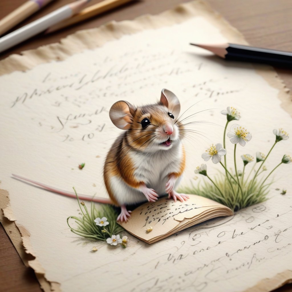 ((ultra realistic photo)), artistic sketch art, Make a little WHITE LINE pencil sketch of a cute LITTLE MOUSE on an old TORN EDGE paper , art, textures, pure perfection, high definition, LITTLE FRUITS around, TINY DELICATE FLOWERS, GRASS FIBERS on the paper, little calligraphy text