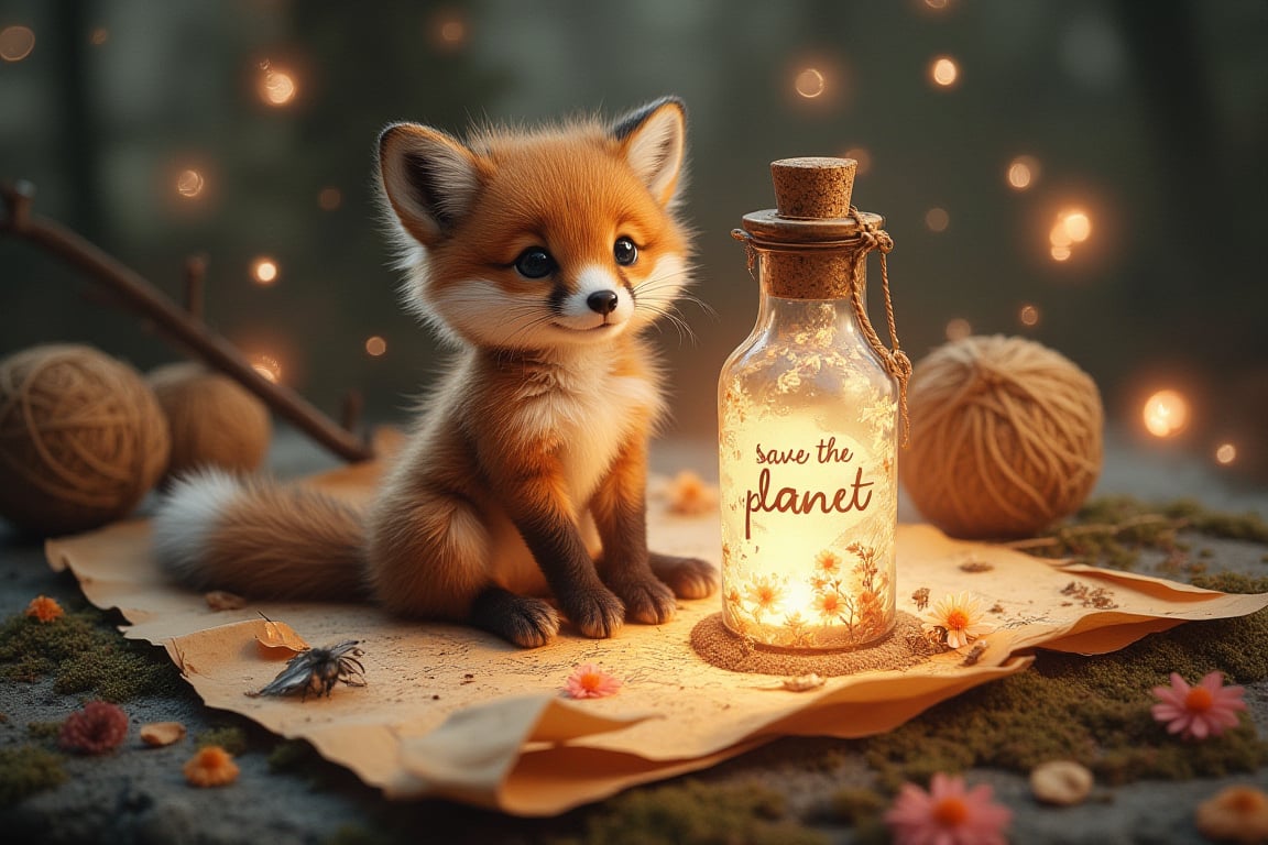 ((ultra realistic photo)), artistic sketch art, Make a little pencil sketch of a cute LITTLE FOX-CUB on an old TORN EDGE paper , art, textures, pure perfection, high definition, feather around, TINY DELICATE FLOWERS, ball of yarn, cushion, pillow on the paper, detailed calligraphy texts, TINY delicate drawings, tiny delicate signature The bottle’s glow casts a magical aura over the scene, creating an atmosphere of forgotten spells, ancient magic, and hidden secrets.  fireflies around the bottle. The bottle labelled with the text "save the planEt"! SOME Tiny, vibrant flower and moss encircle the letter.  The overall scene is tranquil yet mystical, with nature reclaiming the old magical relic. The overall scene is whimsical, serene, and full of enchantment.