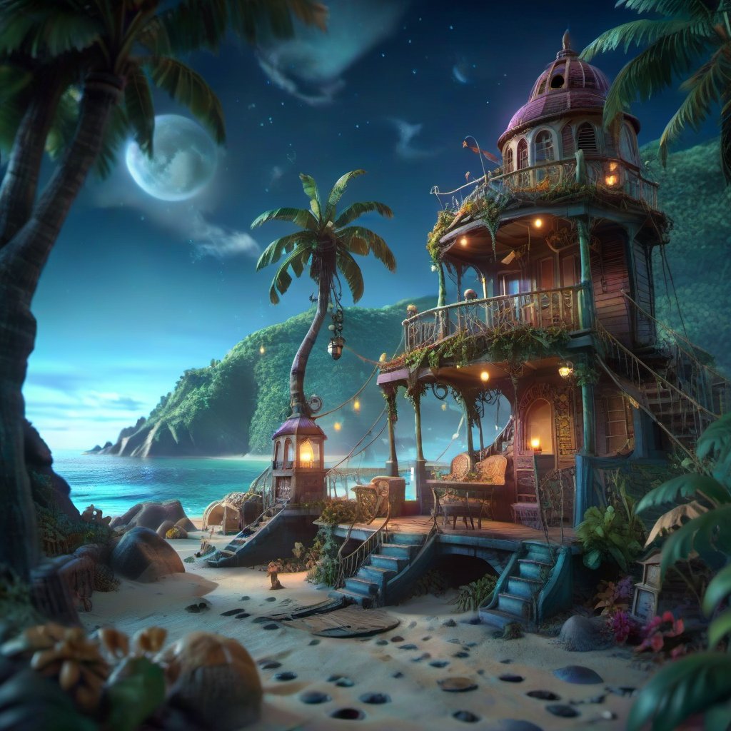 MAGICAL cute STORYBOOK tropical bay , shabby STYLE lovely terrace on the beach, view on the tropical bay , summer  Modifiers: highly detailed dof trending on cgsociety steampunk fantastic view ultra detailed 4K 3D whimsical Storybook beautifully lit etheral highly intricate stunning color depth disorderly outstanding cute illustration cuteaesthetic Boris Vallejo style shadow play The mood is Mysterious and Spellbinding, with a sense of otherworldliness  otherwordliness macro photography style LEONARDO DIFFUSION XL STYLE vintage-futuristic