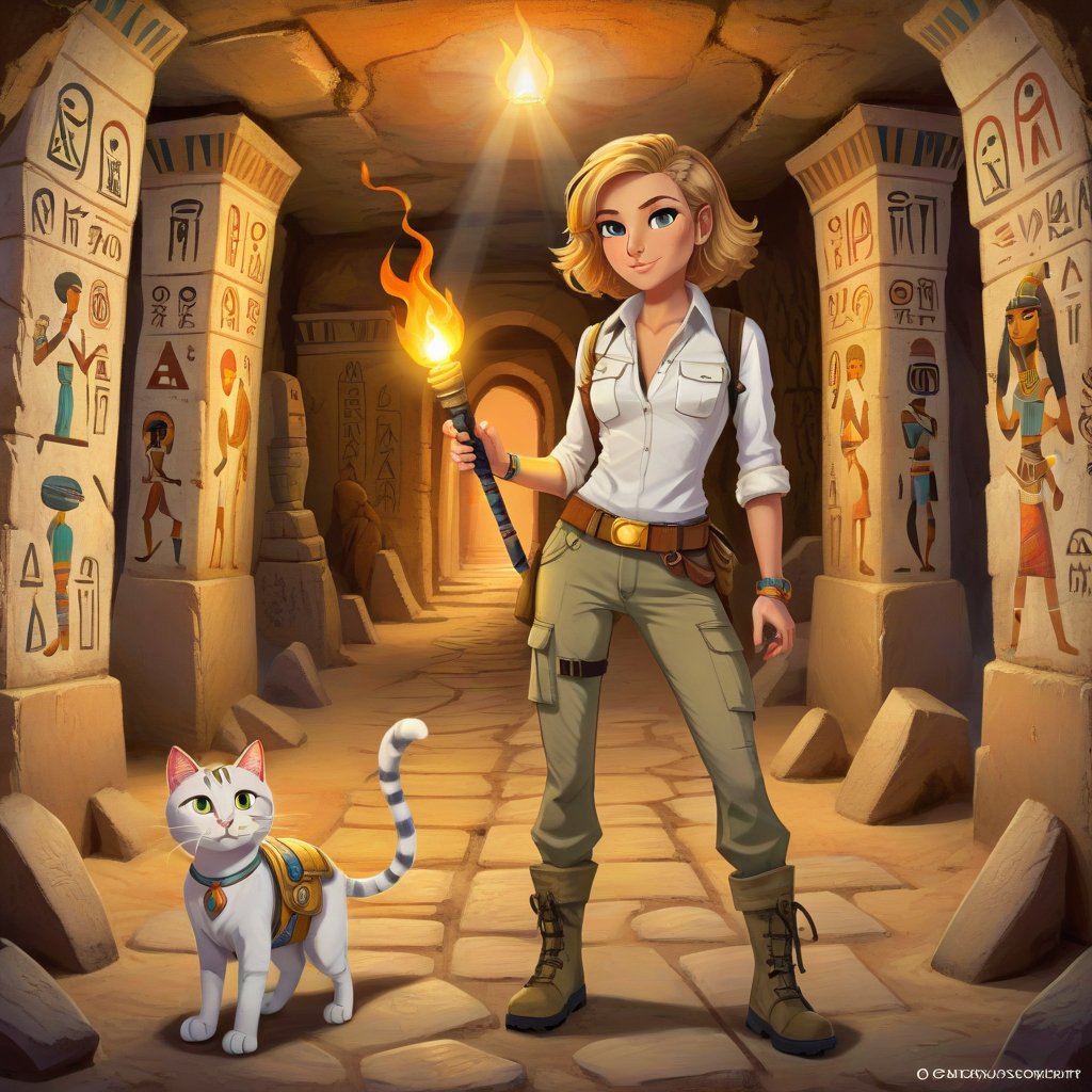 one tall skiny explorer woman in cargo pants khaki boots and white shirt, bob hair,  exploring the Pharao's catacomb with a torch, anchient Egyptian colorful detailed paintings, runes on the wall, one cute cat with the explorer 