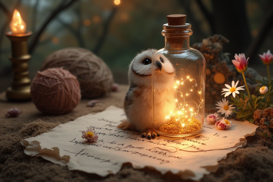 ((ultra realistic photo)), artistic sketch art, Make a little pencil sketch of a cute owl sitting on an old TORN EDGE paper , art, textures, pure perfection, high definition, feather around, TINY DELICATE FLOWERS, ball of yarn, cushion, pillow on the paper, detailed calligraphy texts, TINY delicate drawings, tiny delicate signature .The bottle’s glow casts a magical aura over the scene, creating an atmosphere of forgotten spells, ancient magic, and hidden secrets. fireflies around the bottle. The bottle labelled with the text "save the planet"! SOME Tiny, vibrant flower and moss encircle the letter. The overall scene is tranquil yet mystical, with nature reclaiming the old magical relic. The overall scene is whimsical, serene, and full of enchantment.

fantastic view 4K 3D pixar magical whimsical Storybook Celtic art dreamlike, astonishing, graceful, majestic, very stylish bewitching, very cute, appealing, unique, very attractive DigitalDaVinci Art Station spellbinding macro photography style LEONARDO DIFFUSION XL STYLE 4K 3D