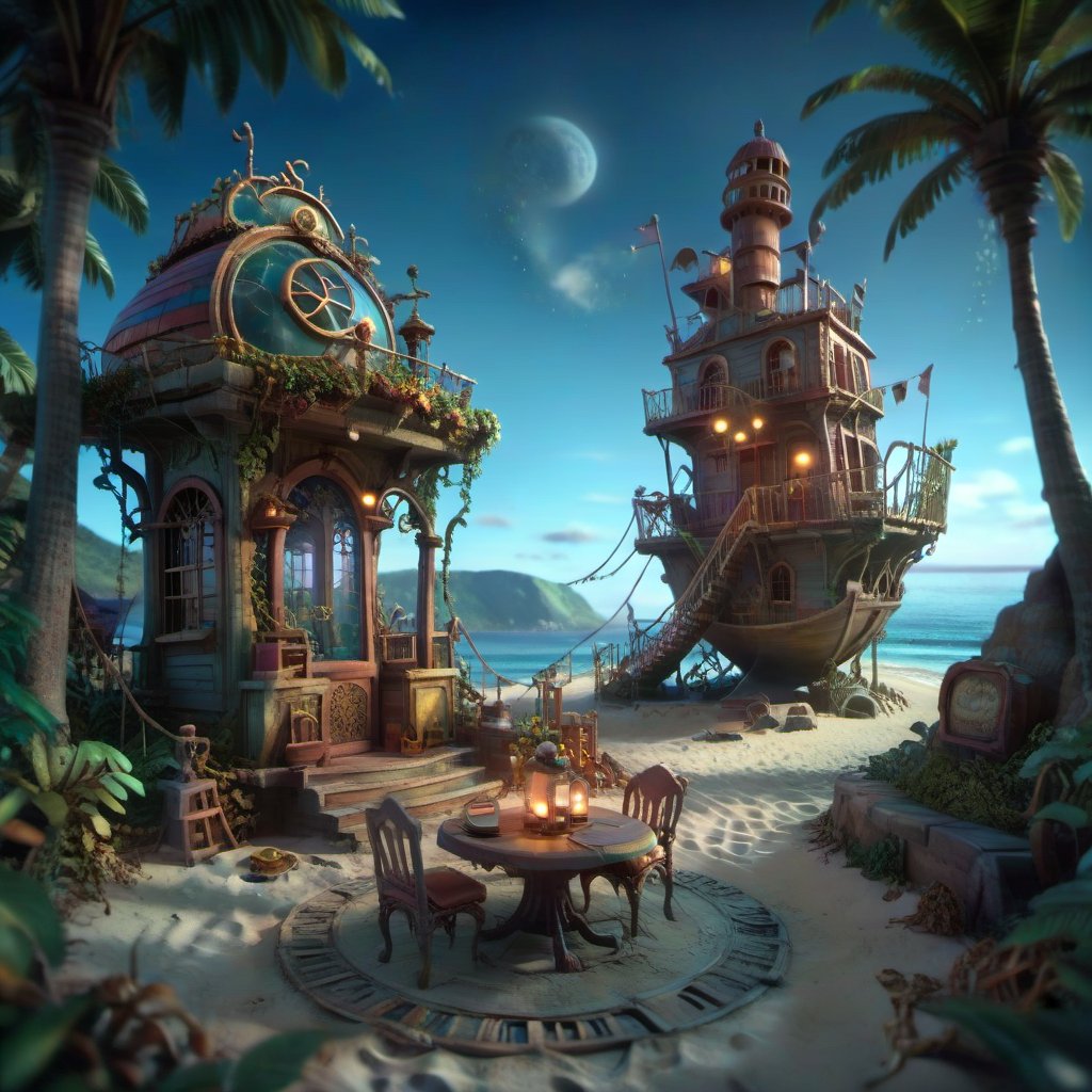 MAGICAL cute STORYBOOK tropical bay , shabby STYLE lovely terrace on the beach, view on the tropical bay , summer  Modifiers: highly detailed dof trending on cgsociety steampunk fantastic view ultra detailed 4K 3D whimsical Storybook beautifully lit etheral highly intricate stunning color depth disorderly outstanding cute illustration cuteaesthetic Boris Vallejo style shadow play The mood is Mysterious and Spellbinding, with a sense of otherworldliness  otherwordliness macro photography style LEONARDO DIFFUSION XL STYLE vintage-futuristic