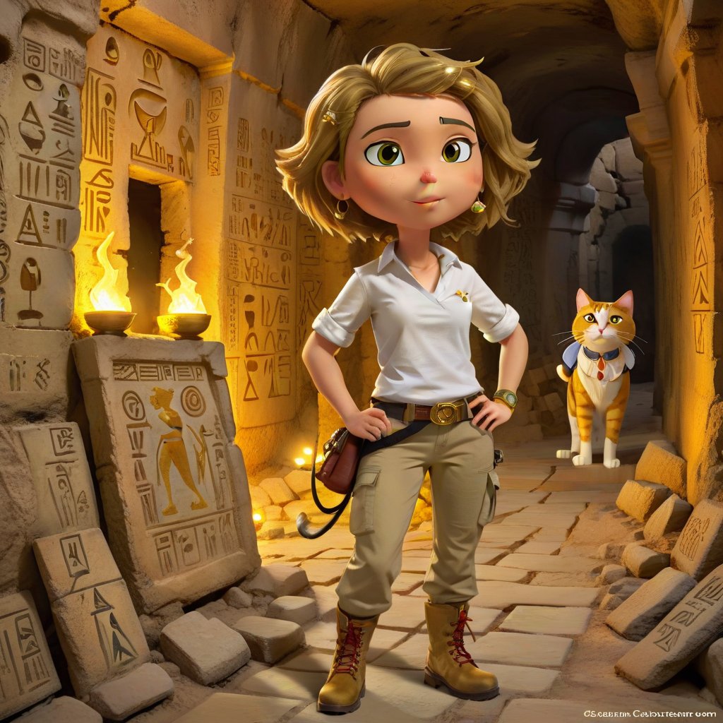 one clumsy explorer woman in cargo pants khaki boots and white shirt, messy bob hair,  exploring the Pharao's catacomb with a torch, anchient Egyptian golden paintings, runes on the wall, one cute cat with the explorer ,cute cartoon ,1200
