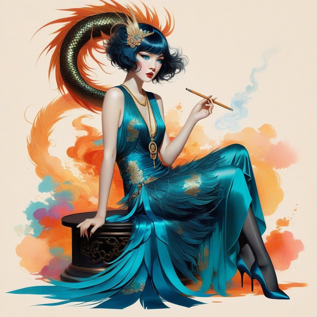 young girl with expressive azure blue eyes, hair styled messy, full body shot, flapper satin dress, sitting, long legs, long cigarette, fume Modifiers: modern colorful illustration style Conrad Roset, Nicola Samori ART, VINTAGE 1920s fashion illustration,Chinese dragon