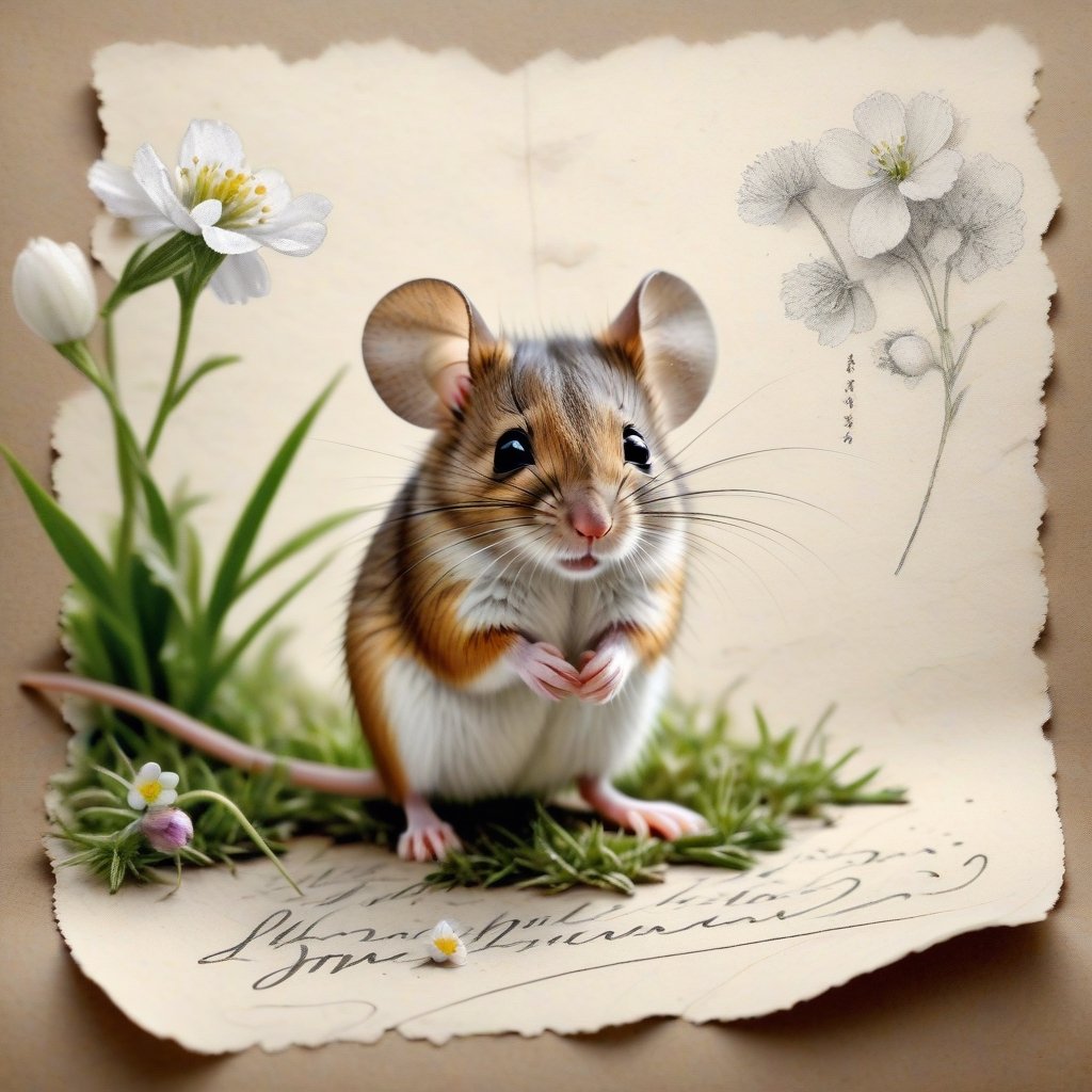 ((ultra realistic photo)), artistic sketch art, Make a little WHITE LINE pencil sketch of a cute LITTLE MOUSE on an old TORN EDGE paper , art, textures, pure perfection, high definition, LITTLE FRUITS around, TINY DELICATE FLOWERS, GRASS FIBERS on the paper, little calligraphy text