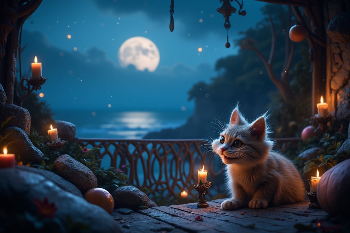 An enchanted, highly detailed balcony with a spectacular night view of the sea. The balcony’s intricate design is softly illuminated by the moonlight. A tiny, fluffy, and funny Cheshire cat sitting and smiling next to an enchanted flower that SHINES faintly. The air is filled with dust particles that twinkle in the light, creating a magical ambiance. The cat’s fur is exquisitely detailed, and its playful nature is evident as it seems captivated by the flower. The overall scene is whimsical, serene, and full of enchantment.