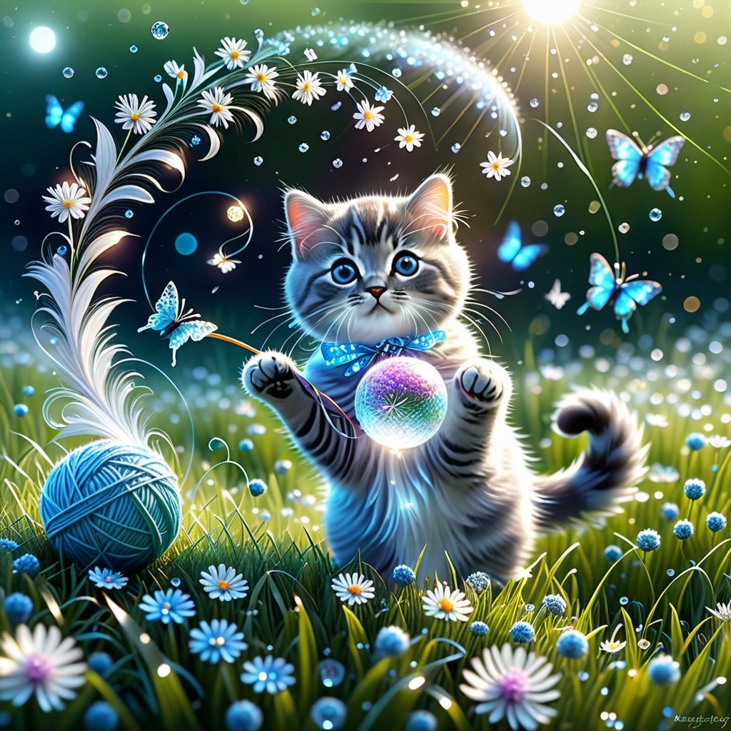 a cute BRITISH shorthaired KITTY play with a ball of yarn in the grass , art, textures, pure perfection, high definition, feather around, TINY DELICATE FLOWERS, ball of yarn, flower petals , Sun beam, butterfly, tiny dew drops, detailed calligraphy texts float, tiny delicate drawings,LegendDarkFantasy,DonMSn0wM4g1cXL