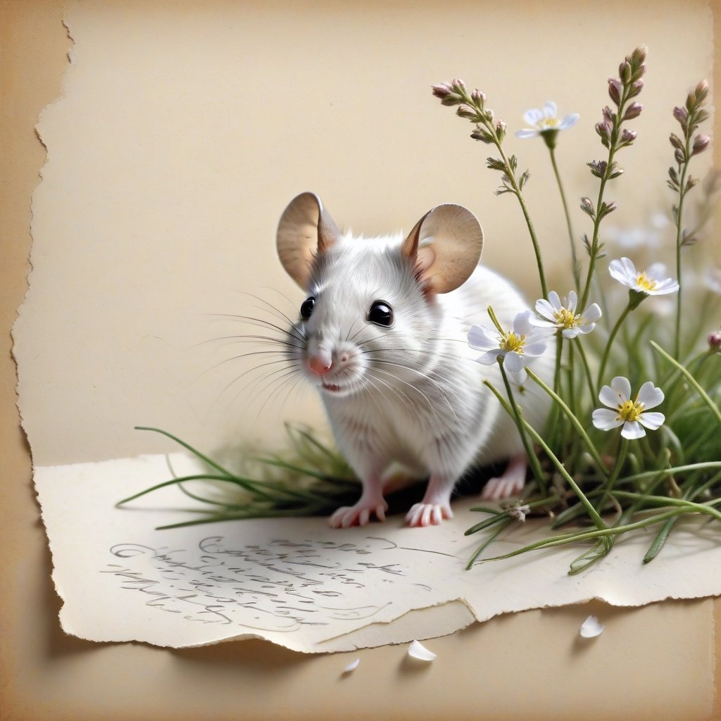 ((ultra realistic photo)), artistic sketch art, Make a little WHITE LINE pencil sketch of a cute LITTLE MOUSE on an old TORN EDGE paper , art, textures, pure perfection, high definition, LITTLE FRUITS around, TINY DELICATE FLOWERS, GRASS FIBERS on the paper, little calligraphy text