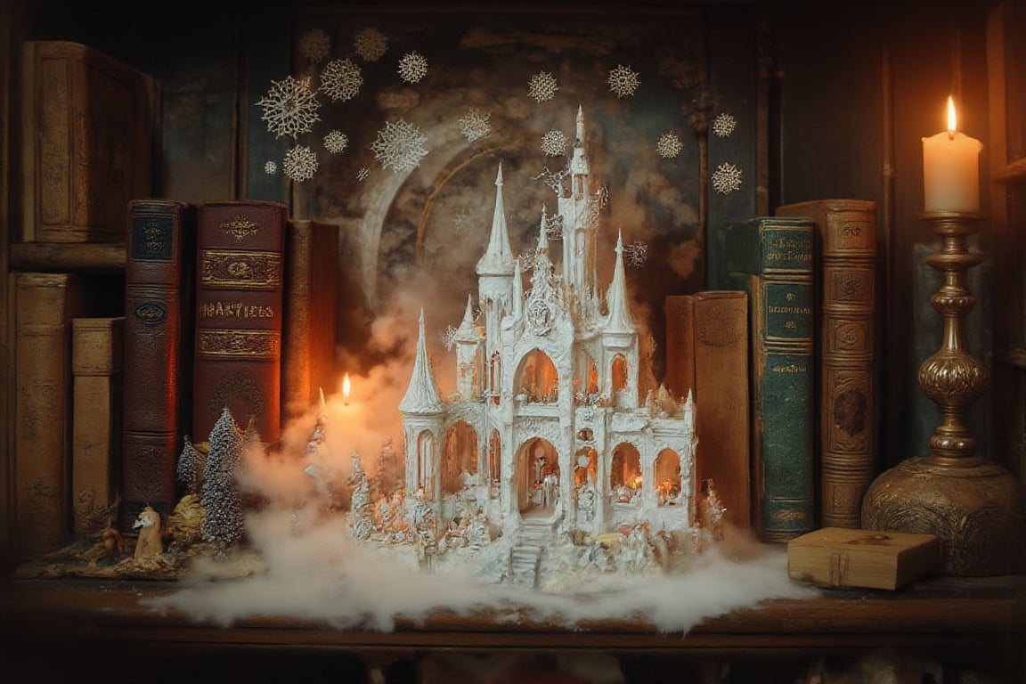  A whimsical, elegantly detailed, real life gothic style magical white fantasy elven castle  , filled with  elegant long-long gothic decor, sits on a bookshelf surrounded by antique books and a glowing Christmas candlestick. There is a great mithical swirling fog around the castle, and snowing big snowflakes above.  The dollhouse castle is adorned with tiny, intricately elegant gothical details, and the antique books give the shelf a vintage, timeless feel. The Christmas candlestick casts a warm glow, creating a magical atmosphere that emanates from the shelf, blending the charm of the hippie dollhouse with the festive spirit of the holidays.