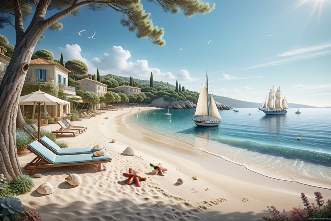 A serene NIzza beach scene unfolds before us. Little apartman house with terrace. Soft white sand stretches beneath the gentle sway of trees, while a family plays and laughs together and sunbathe. In the distance, a majestic sailing ship glides across the calm sea, its sails billowing in the breeze. Blankets scatter the shore, topped with tiny treasures: delicate sea-shells and starfish. The highly detailed landscape, reminiscent of Jean-Jacques Sempé's whimsical illustrations from Petit Nicolas, comes to life in PASTEL SHADES.