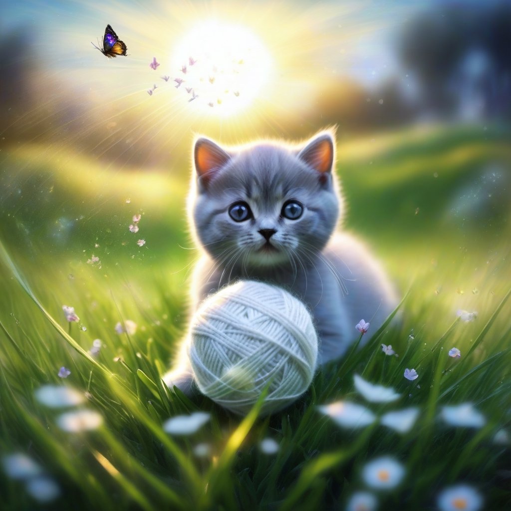 ((ultra realistic photo)), artistic sketch art, Make a little pencil sketch of a cute TINY BRITISH shorthaired CAT play with a ball of yarn in the grass , art, textures, pure perfection, high definition, feather around, TINY DELICATE FLOWERS, ball of yarn, flower petals , Sun beam, butterfly, tiny dew drops, detailed calligraphy texts, tiny delicate drawings,LegendDarkFantasy