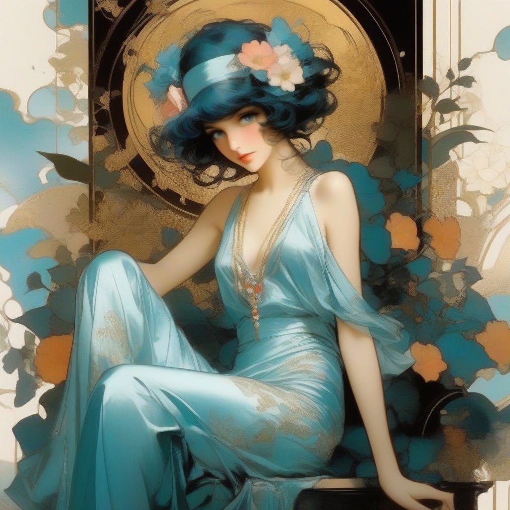 young girl with baby blue eyes, hair messy, full body shot, flapper satin pant, sitting, long legs, long cigarette, fume, flower petals,, ink splatter . Modifiers:  Alphonse Mucha, boris vallejo decadent illustration,Anne Boonchuy,art_booster