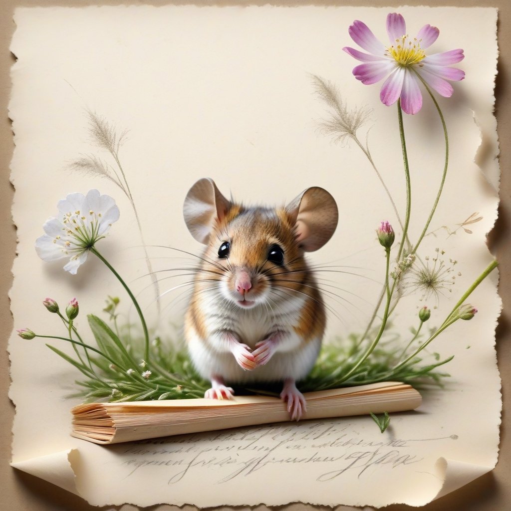 ((ultra realistic photo)), artistic sketch art, Make a little WHITE LINE pencil sketch of a cute LITTLE MOUSE on an old TORN EDGE paper , art, textures, pure perfection, high definition, LITTLE FRUITS around, TINY DELICATE FLOWERS, GRASS FIBERS on the paper, little calligraphy text