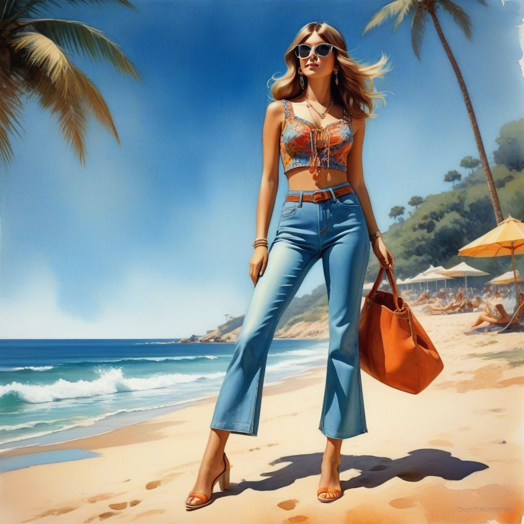 young girl , lazy long hair style, long legs, Riviera summer beach near the ocean (full body shot, '60s hippie style long jeans). Modifiers:modern colorful illustration style VINTAGE fashion illustration, by Coby Whitmore, Haddon Sundblom. VINTAGE 1960s hippie fashion illustration, whimsical style, intricately textured and detailed, Pomological Watercolor, depth of field, ultra quality ,ink art, transparent fading , shadow play, high colour contrast,beautypinupart,glass,DonMM4g1cXL,Cinematic ,LegendDarkFantasy