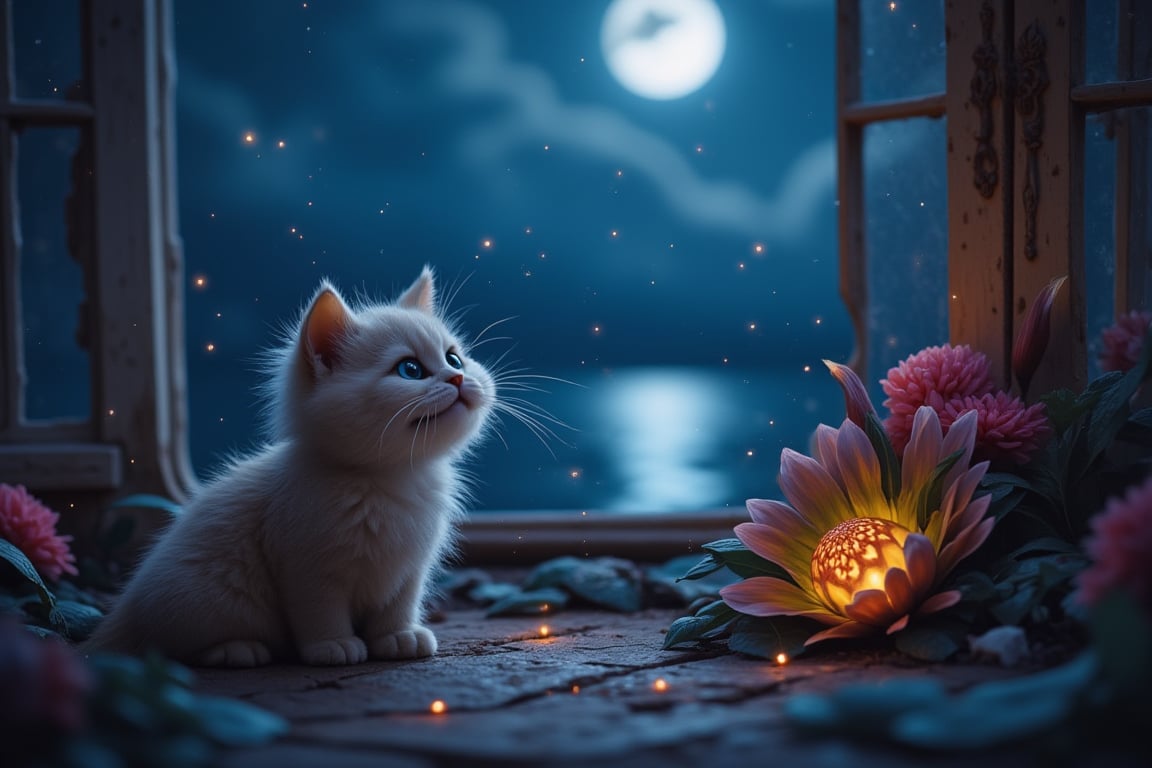 A detailed and enchanted balcony scene at night, featuring a beautifully crafted balcony with a view of the calm, moonlit sea. On the balcony, a tiny, fluffy, and funny, smiling Cheshire british cat is standing next to an enchanted flower that emits a soft, ethereal glow. The air is filled with tiny dust particles that shimmer in the moonlight, adding to the magical atmosphere. The cat, with its playful expression and fluffy fur, looks curious and amused by the flower. The scene captures a perfect blend of whimsy, magic, and tranquility.