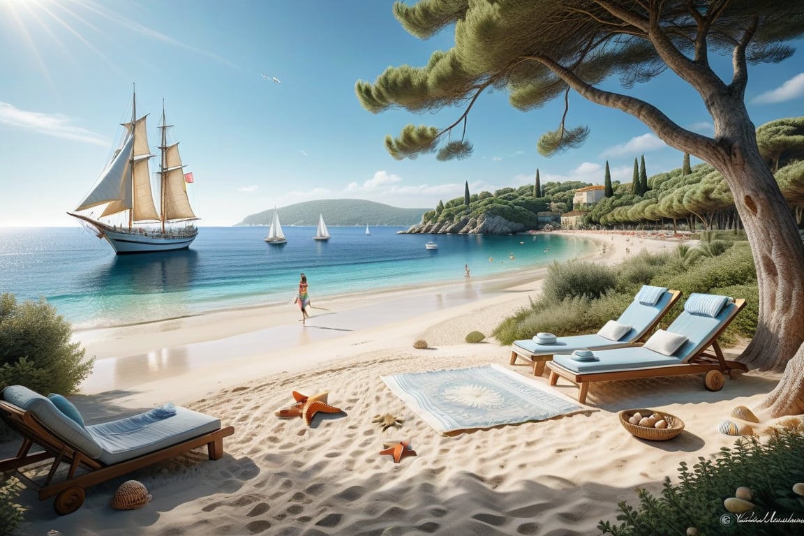 A serene NIzza beach scene unfolds before us. Little apartman house with terrace. Soft white sand stretches beneath the gentle sway of trees, while a family plays and laughs together and sunbathe. In the distance, a majestic sailing ship glides across the calm sea, its sails billowing in the breeze. Blankets scatter the shore, topped with tiny treasures: delicate sea-shells and starfish. The highly detailed landscape, reminiscent of Jean-Jacques Sempé's whimsical illustrations from Petit Nicolas, comes to life in PASTEL SHADES.