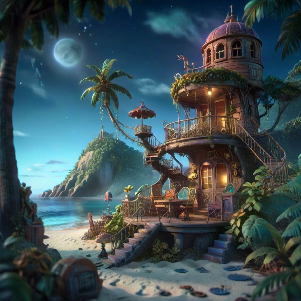 MAGICAL cute STORYBOOK tropical bay , shabby STYLE lovely terrace on the beach, view on the tropical bay , summer  Modifiers: highly detailed dof trending on cgsociety steampunk fantastic view ultra detailed 4K 3D whimsical Storybook beautifully lit etheral highly intricate stunning color depth disorderly outstanding cute illustration cuteaesthetic Boris Vallejo style shadow play The mood is Mysterious and Spellbinding, with a sense of otherworldliness  otherwordliness macro photography style LEONARDO DIFFUSION XL STYLE vintage-futuristic