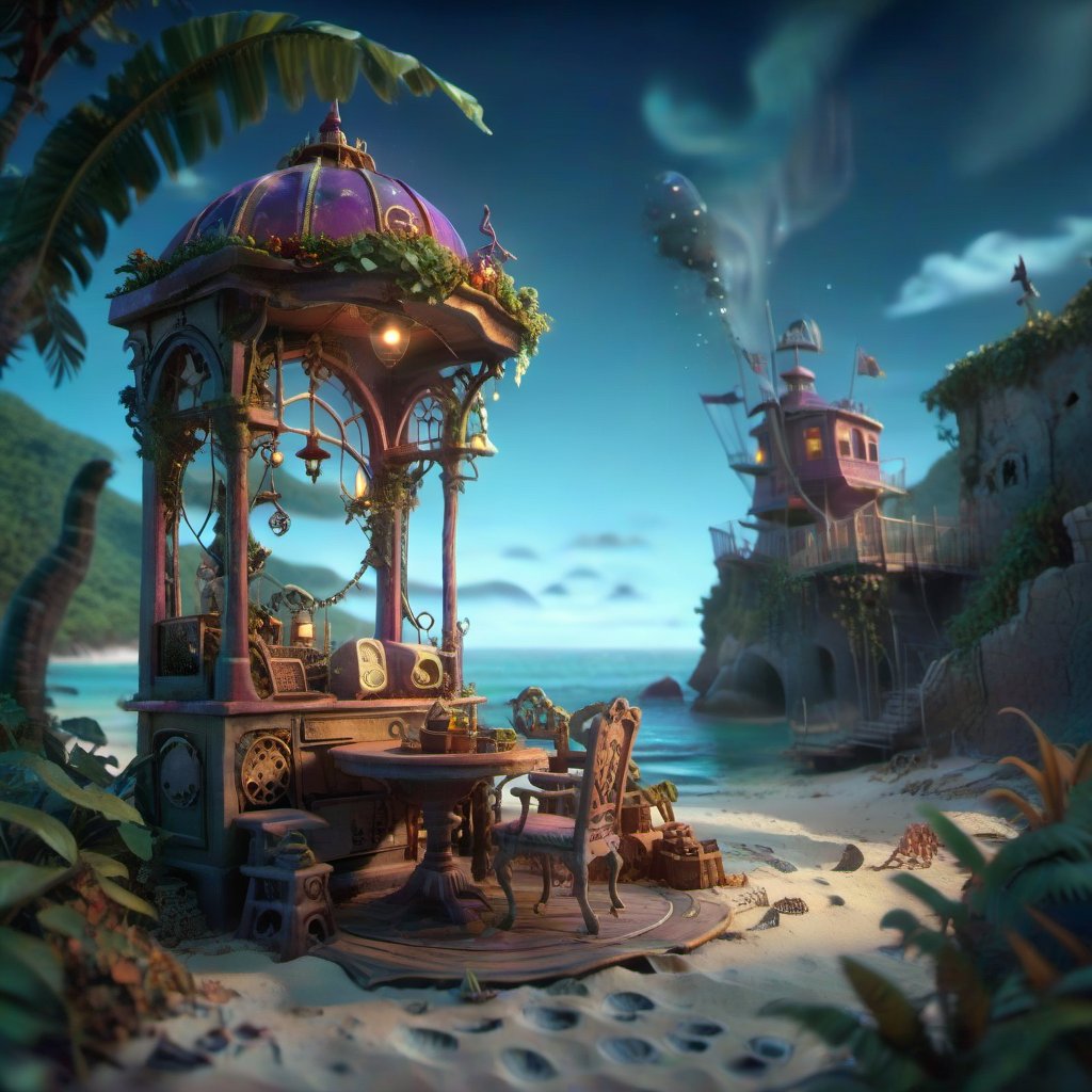 MAGICAL cute STORYBOOK tropical bay , shabby STYLE lovely terrace on the beach, view on the tropical bay , summer  Modifiers: highly detailed dof trending on cgsociety steampunk fantastic view ultra detailed 4K 3D whimsical Storybook beautifully lit etheral highly intricate stunning color depth disorderly outstanding cute illustration cuteaesthetic Boris Vallejo style shadow play The mood is Mysterious and Spellbinding, with a sense of otherworldliness  otherwordliness macro photography style LEONARDO DIFFUSION XL STYLE vintage-futuristic