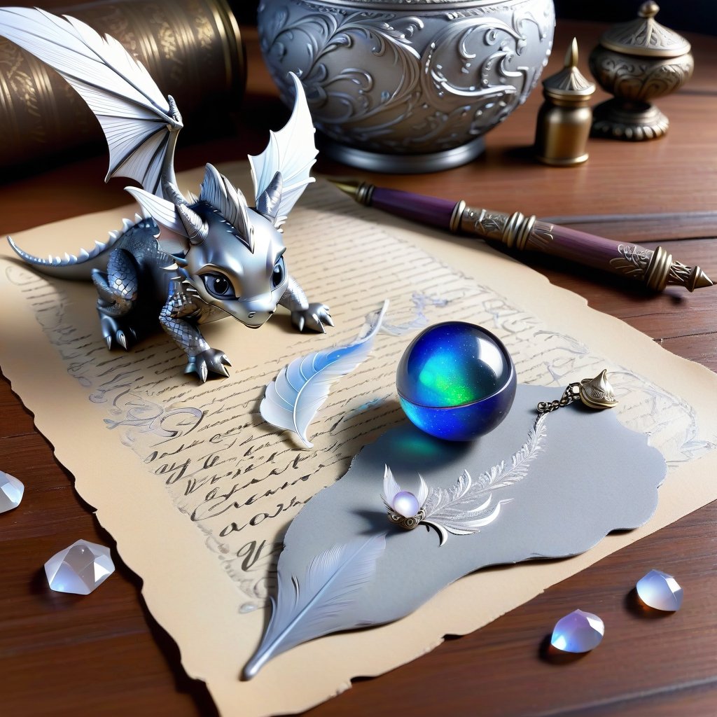 ((ultra ARTISTIC sketch)), (artistic sketch art), Make a 3d DETAILED old torn paper scroll on a scraped old desk (detailed calligraphic texts on the paper, tiny miniature cute sleepy baby dragon scraping on the paper, and silver feather pendant with opal ball) crystal, silver coin, little moonstone gem , tiny candle, tiny potion jar,, delicate flowers, DISORDERED,