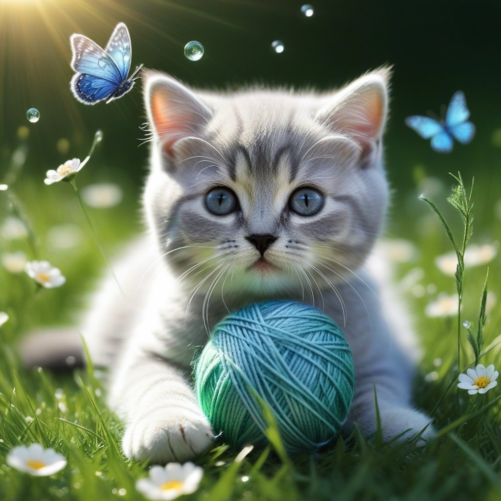 a cute BRITISH shorthaired KITTY play with a ball of yarn in the grass , art, textures, pure perfection, high definition, feather around, TINY DELICATE FLOWERS, ball of yarn, flower petals , Sun beam, butterfly, tiny dew drops, detailed calligraphy texts float, tiny delicate drawings,LegendDarkFantasy,DonMSn0wM4g1cXL