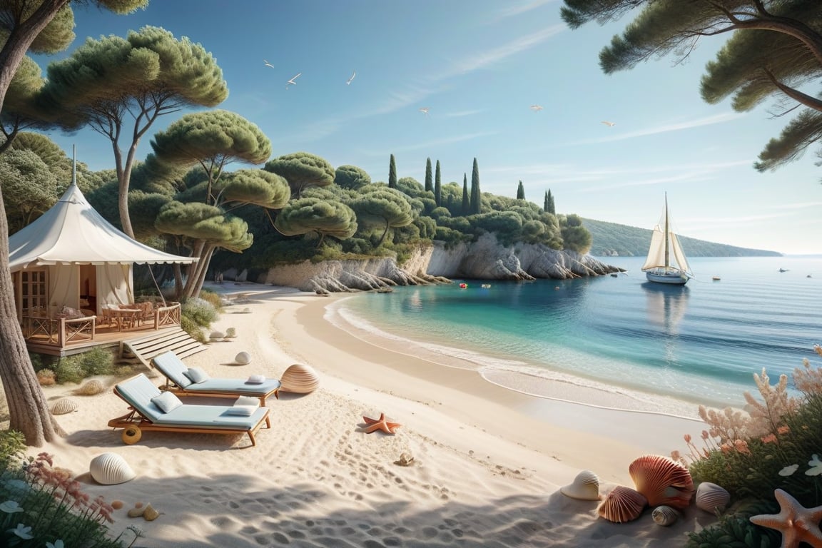 A serene NIzza beach scene unfolds before us. Little apartman house with terrace. Soft white sand stretches beneath the gentle sway of trees, while a family plays and laughs together and sunbathe. In the distance, a majestic sailing ship glides across the calm sea, its sails billowing in the breeze. Blankets scatter the shore, topped with tiny treasures: delicate sea-shells and starfish. The highly detailed landscape, reminiscent of Jean-Jacques Sempé's whimsical illustrations from Petit Nicolas, comes to life in PASTEL SHADES.