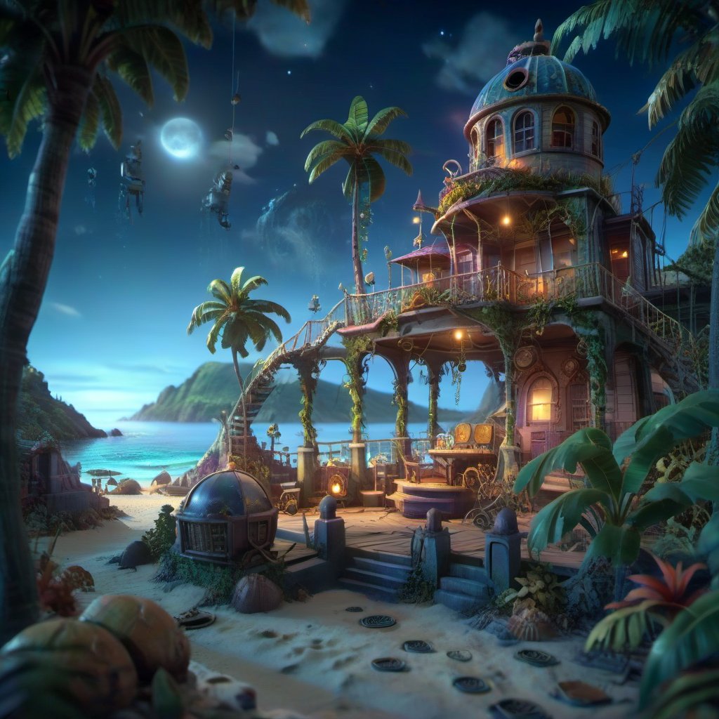 MAGICAL cute STORYBOOK tropical bay , shabby STYLE lovely terrace on the beach, view on the tropical bay , summer  Modifiers: highly detailed dof trending on cgsociety steampunk fantastic view ultra detailed 4K 3D whimsical Storybook beautifully lit etheral highly intricate stunning color depth disorderly outstanding cute illustration cuteaesthetic Boris Vallejo style shadow play The mood is Mysterious and Spellbinding, with a sense of otherworldliness  otherwordliness macro photography style LEONARDO DIFFUSION XL STYLE vintage-futuristic