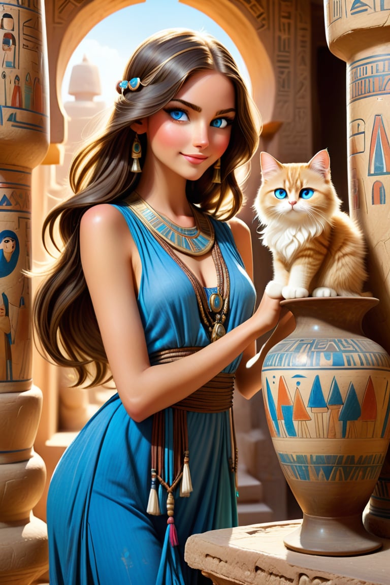 tall skinny lovely explorer woman in 1920's style dress, long shiny hair, blue eyes, cute face, little smile, dusting with a brush an antique vase in the enchanted detailed beautifuly decorated Egypt Karnak temple., anchient detailed paintings , great view to the valley, one cute persian cat with the explorer girl