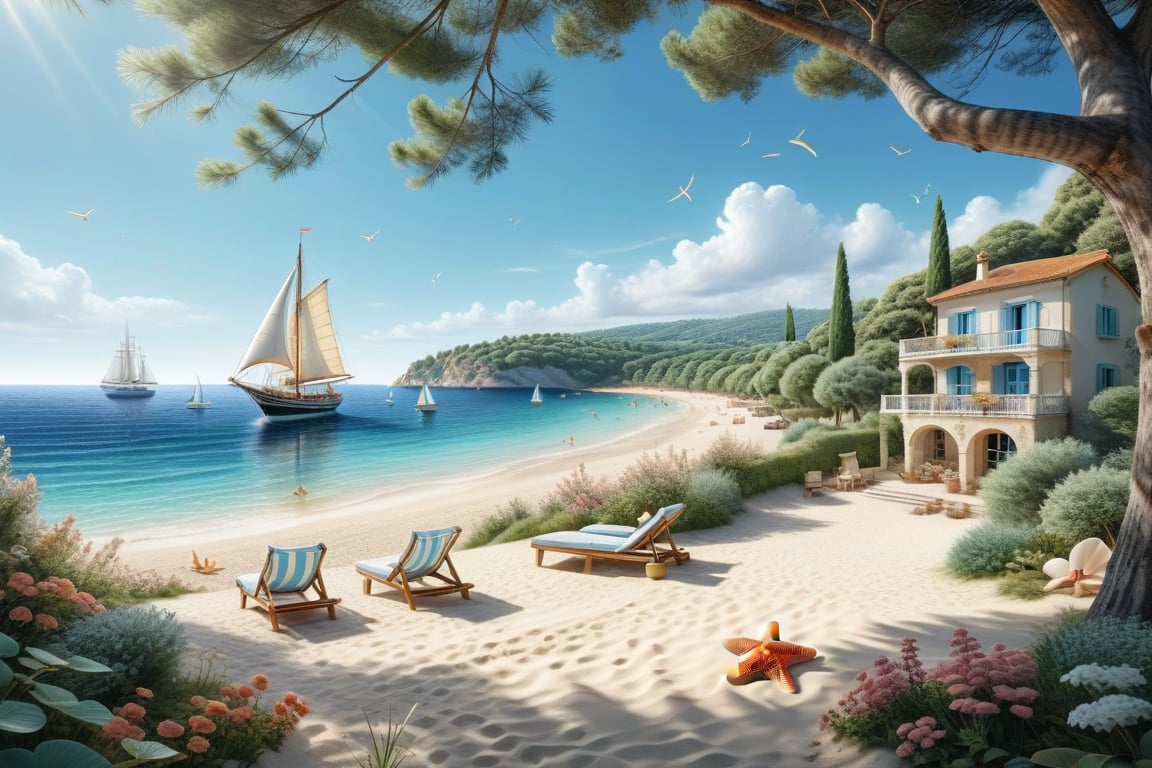 A serene NIzza beach scene unfolds before us. Little apartman house with terrace. Soft white sand stretches beneath the gentle sway of trees, while a family plays and laughs together and sunbathe. In the distance, a majestic sailing ship glides across the calm sea, its sails billowing in the breeze. Blankets scatter the shore, topped with tiny treasures: delicate sea-shells and starfish. The highly detailed landscape, reminiscent of Jean-Jacques Sempé's whimsical illustrations from Petit Nicolas, comes to life in PASTEL SHADES.