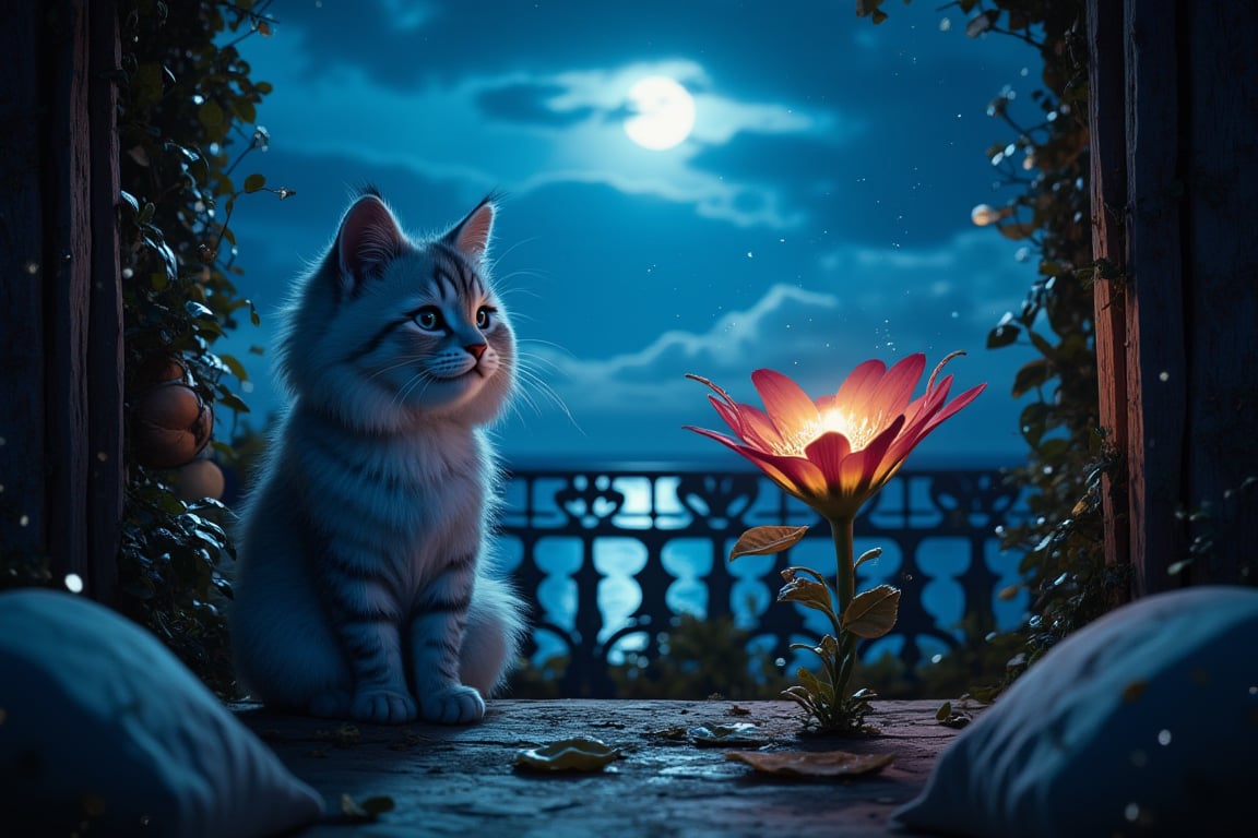 An enchanted, highly detailed balcony with a spectacular night view of the sea. The balcony’s intricate design is softly illuminated by the moonlight. A tiny, fluffy, and funny Cheshire cat stands and smiling next to an enchanted flower that glows faintly. The air is filled with dust particles that twinkle in the light, creating a magical ambiance. The cat’s fur is exquisitely detailed, and its playful nature is evident as it seems captivated by the flower. The overall scene is whimsical, serene, and full of enchantment.