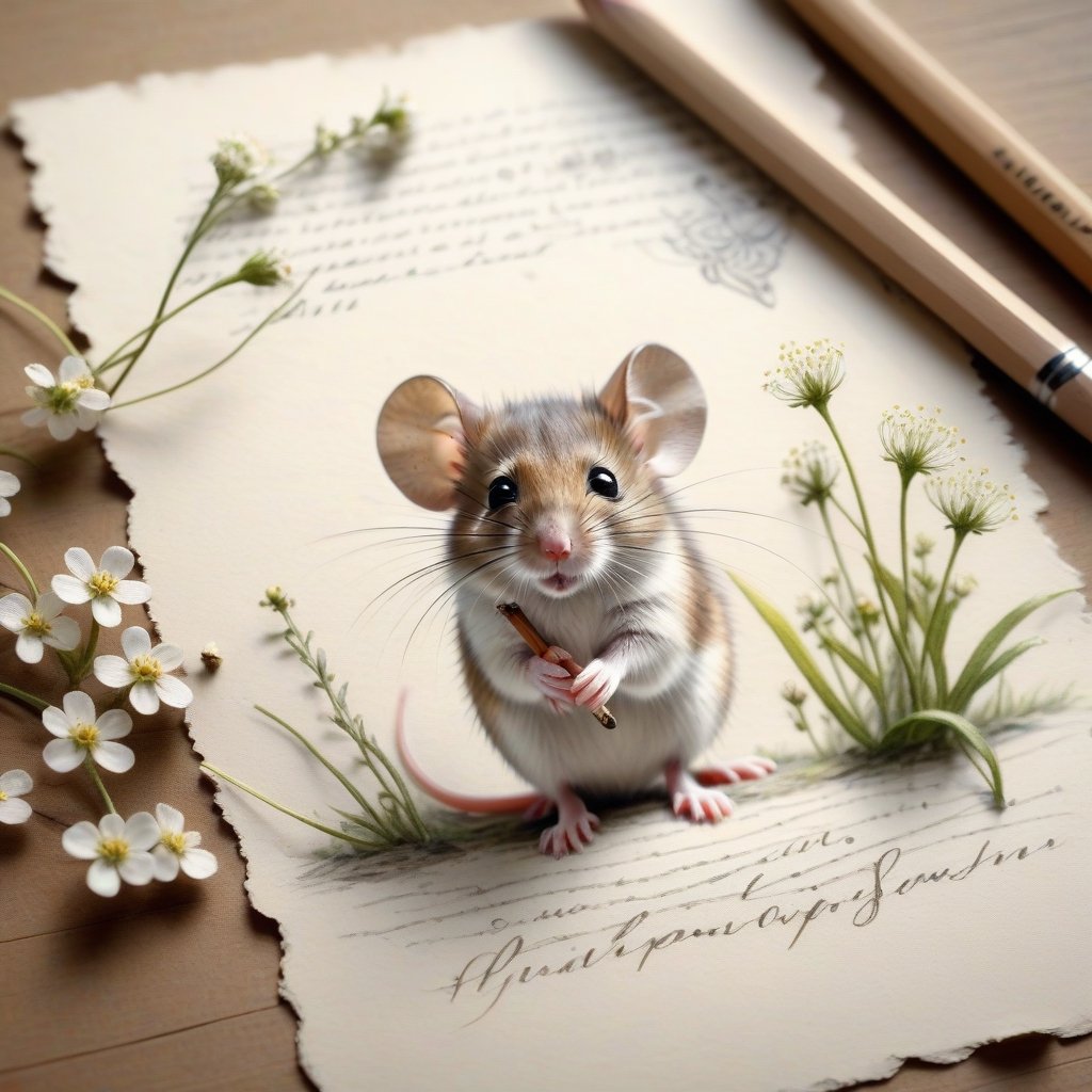 ((ultra realistic photo)), artistic sketch art, Make a little WHITE LINE pencil sketch of a cute LITTLE MOUSE on an old TORN EDGE paper , art, textures, pure perfection, high definition, LITTLE FRUITS around, TINY DELICATE FLOWERS, GRASS FIBERS on the paper, little calligraphy text