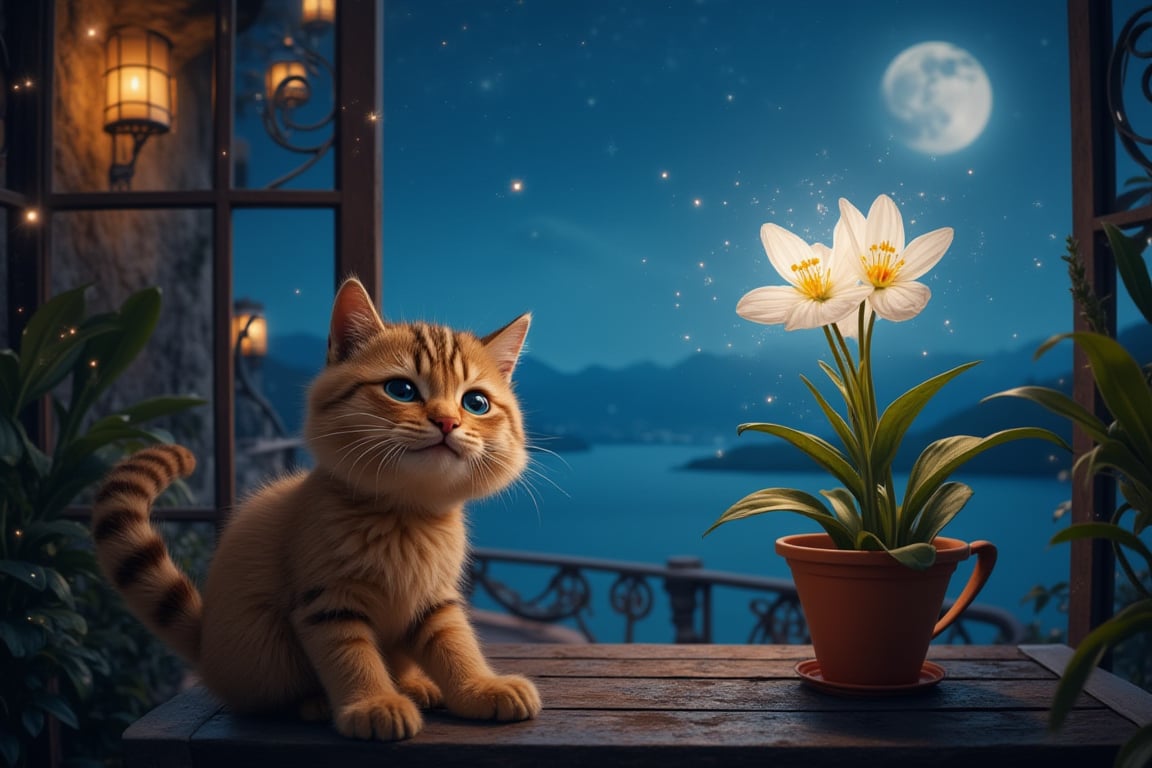 An enchanted, highly detailed balcony with a spectacular night view of the sea. The balcony’s intricate design is softly illuminated by the moonlight. A tiny, fluffy, and funny Cheshire cat sitting and smiling next to an enchanted flower that SHINES faintly. The air is filled with dust particles that twinkle in the light, creating a magical ambiance. The cat’s fur is exquisitely detailed, and its playful nature is evident as it seems captivated by the flower. The overall scene is whimsical, serene, and full of enchantment.