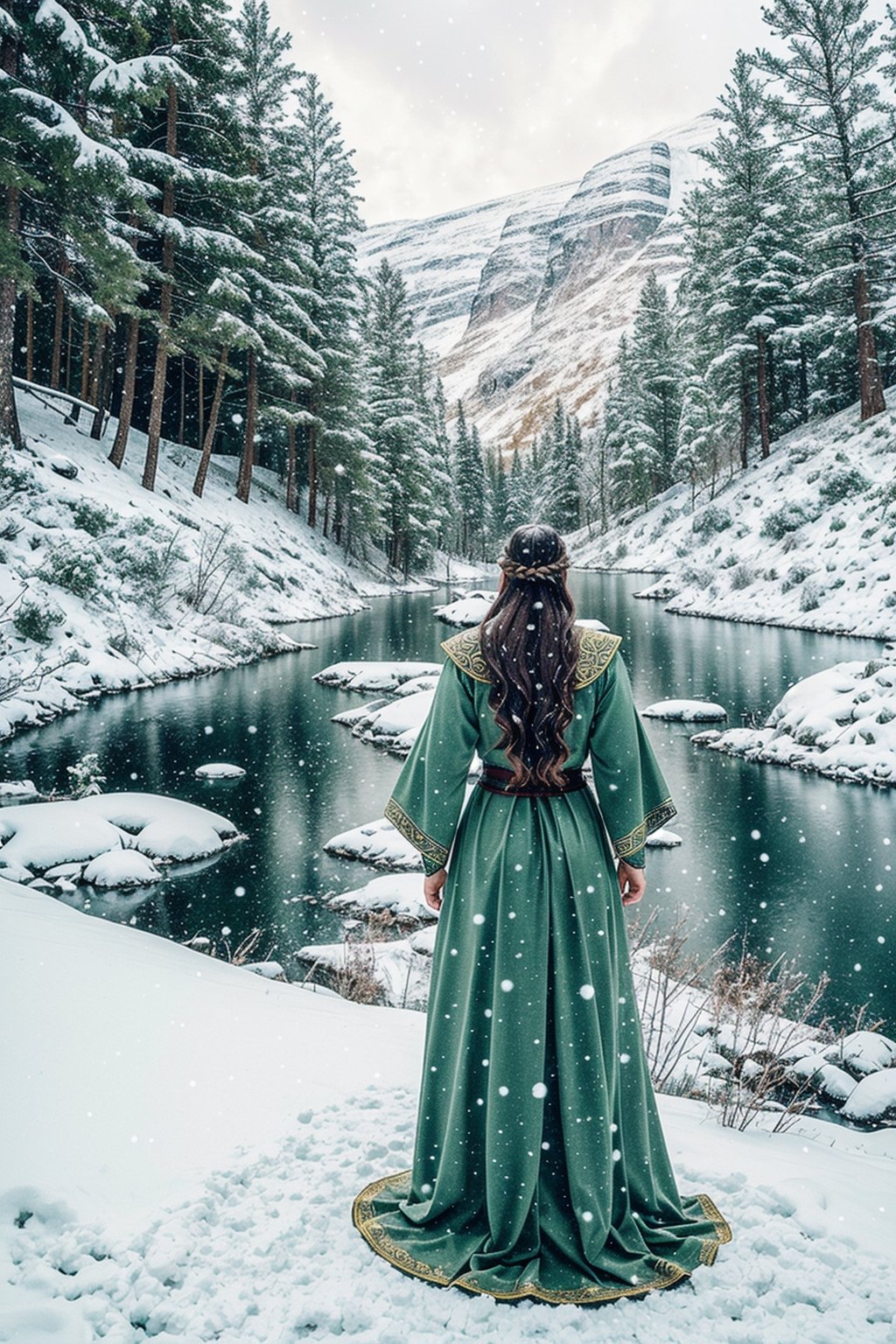 In a serene winter scene within a cozy Viking-era cabin, a stunningly beautiful woman with piercing green eyes and cascading hair the color of pure gold stands. Her long locks frame her delicate features as she gazes out at the falling snow, her torn dress adding a touch of vulnerability to her ethereal beauty. The scene is infused with a mystical, otherworldly aura, as if the Norse gods themselves are watching over her in the enchanting Norwegian forest. The image is to be depicted in ultra-high definition, showcasing every intricate detail with flawless perfection.,snow girl,lilia,girl,ladyj,valkyrie style