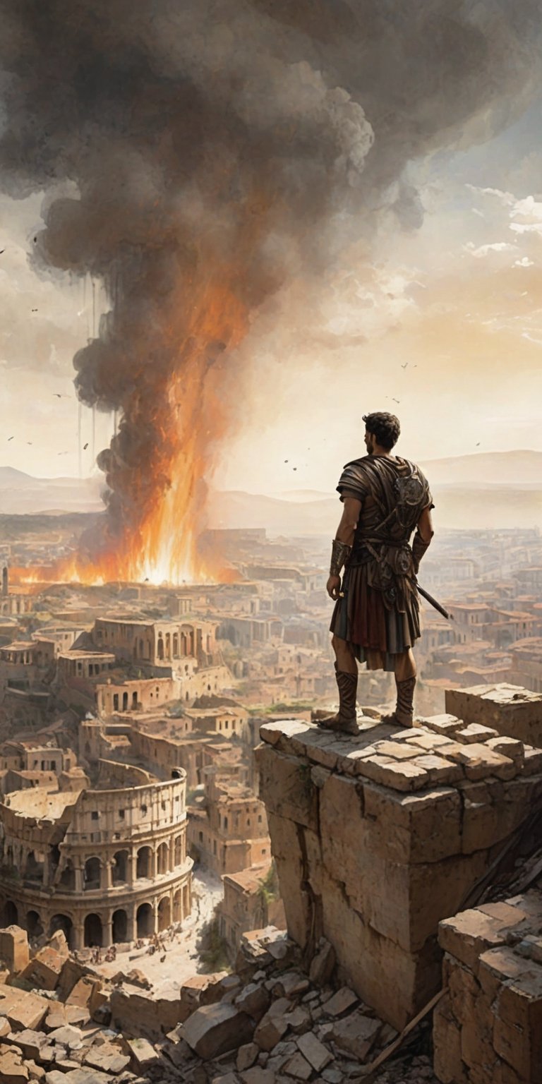 (masterpiece, high quality, 8K, high_res), 
((ink drawning and watercolor wash)), abstract illustration, very detailed, high contrast, symbolism,
At the edge of a rugged cliff, a lone figure stands in tattered, weather-beaten Roman attire, overlooking a vast and desolate landscape. Below, the once-glorious city of Rome lies in ruins, consumed by a raging inferno that casts an eerie glow on the horizon. The remnants of ancient structures crumble under the relentless assault of the flames, shrouded in an apocalyptic veil of smoke and ash. The young man's countenance is a study in melancholy and acceptance, his gaze fixed on the flickering embers as he contemplates the fleeting nature of power and prestige. Surrounding him are the shattered remnants of a once-proud civilization - fractured columns, faded murals, and the distant echoes of a world on the brink of collapse.