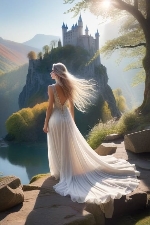 A serene, ethereal figure in a flowing white gown, her long, silver hair cascading down her back like a waterfall. She gazes out over a misty mountainside, her paintbrush poised in one delicate hand, capturing the delicate dance of sunlight filtering through the ancient trees. In the background, a majestic castle perched on a cliff overlooks a tranquil lake reflecting the colors of the setting sun.