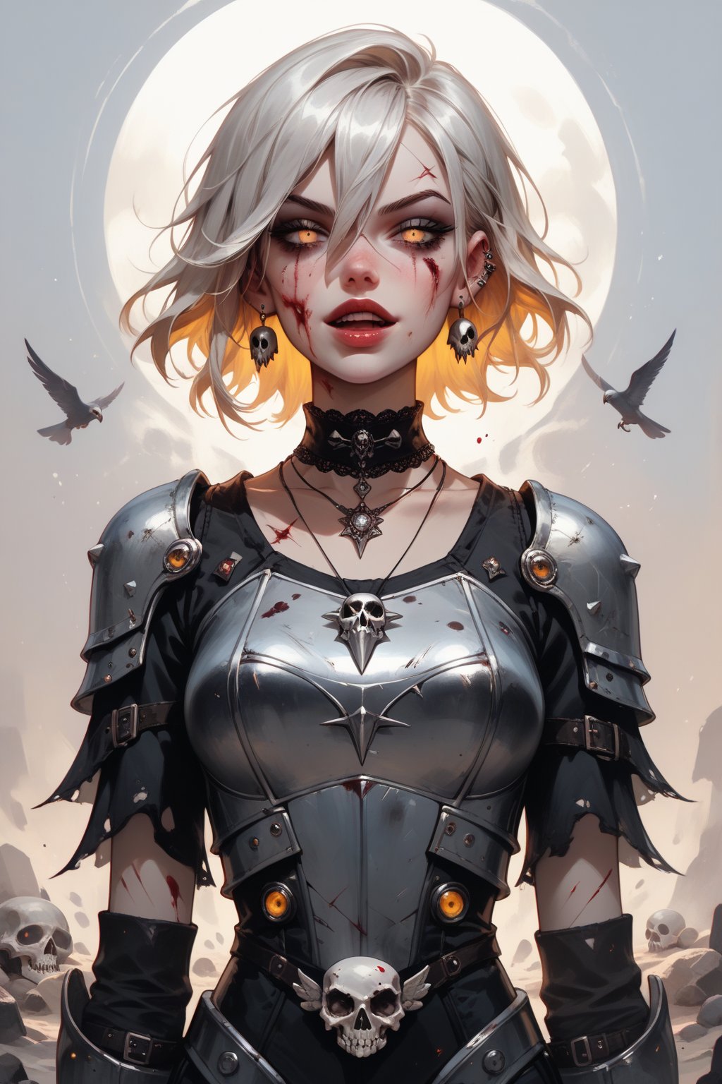 , (score_9_up), score_8_up, score_7_up,score_6_up,  goldcan+, gothic, pendant choker, (armored dress:0.8), silver armor, piercing, rose, star \(sky\), rock, sand, stone, gloom, death, blood, half-closed eyes, scar on face, standing, gauntlets, open mouth, light smile, looking at viewer, mouth mask, skull, reaching towards viewer, beak_mask, cowboy shot, yellow hair, short hair, hair between eyes, yellow eyes