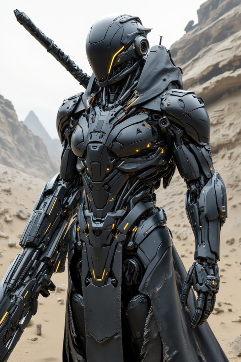 The prompt for this image was:

full body view, A futuristic mecha cyborg humanoid with a sleek polymer body armor, ready to attack, covered with leather torn robe, designed with a metallic black and synthetic blend. The armor is composed of segmented plates chain that cover the chest, arms, and legs, giving a robust yet agile appearance. The mecha's face has a helmet-like structure with glowing eyes. In its hand, it wields a massive, futuristic sword with intricate engravings along the blade, which emits a faint glowing aura. The setting in the desert with piramid in the background, casting reflections off the polished armor